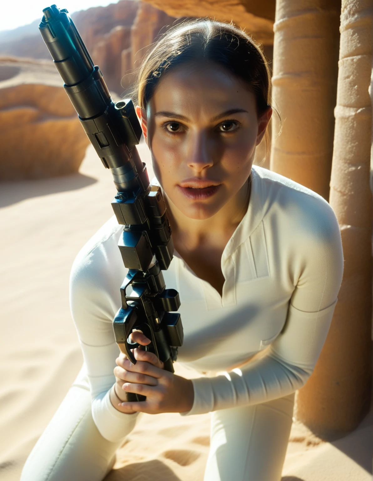 High resolution medium shot photo of p4dme in the desert,looking at the camera face of pain, White uniform,Bun,,depth of field,,dawn she sinks into sand, half of his body is covered in sand, she screams desperately, stretches out his hand for help, daylight, cinematic, high quality image, sharp