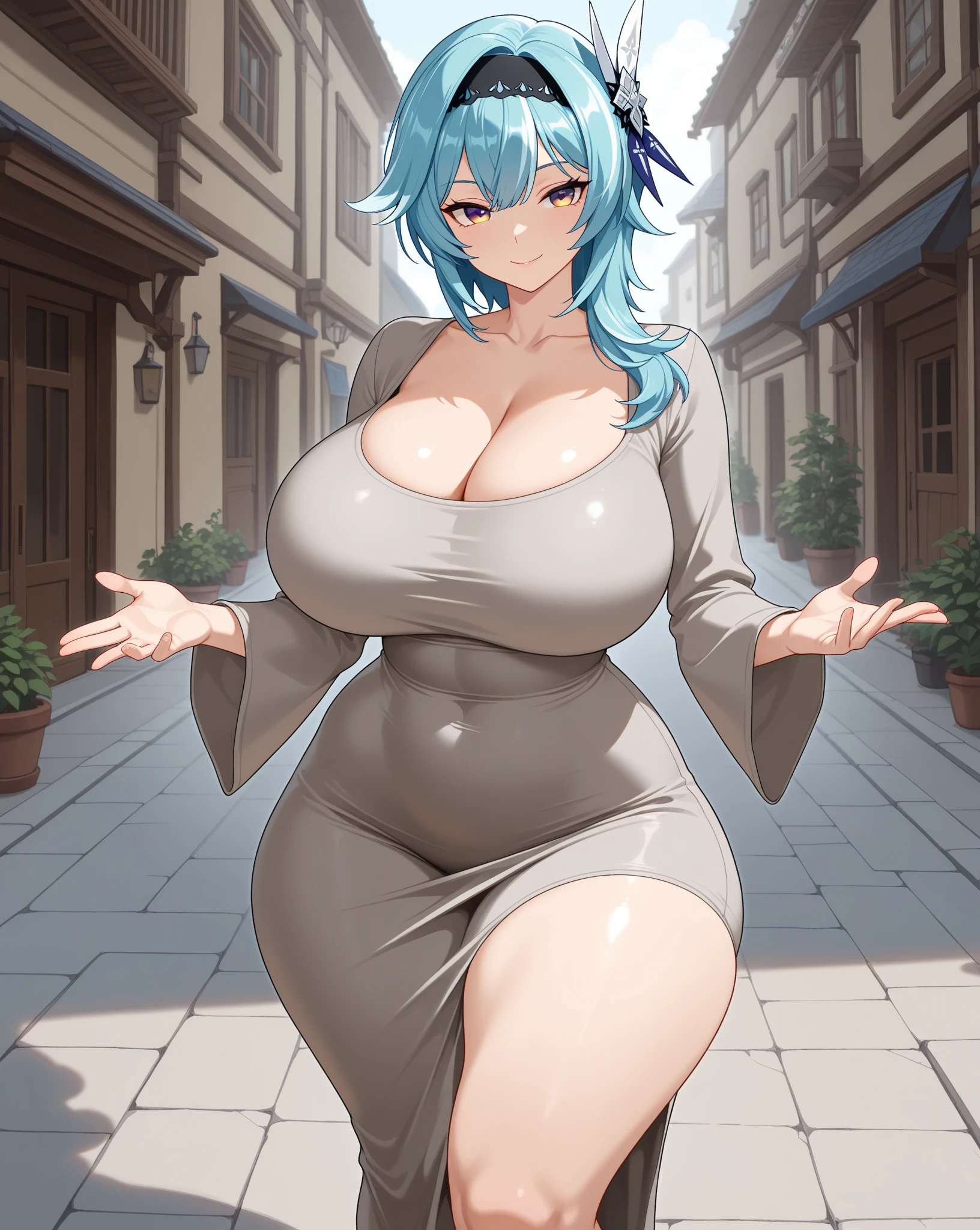 1 skinny girl, solo, light blue hair, (side face:1.5), (side view:1.3), BREAK, (red headband:1.2), BREAK, (dark purple eye:1.4), bending back, looking at viewer, BREAK, black plunging neckline short dress, dark yellow cropped jacket, black thighhighs, BREAK, (bouncing unaligned long huge breasts:1.6), very short torso, (inconceivably narrow waist), thin long legs, BREAK, (show off crotch:1.4), BREAK, strong wind, (slipping hip 1.2), cleavage, BREAK, {nsfw}