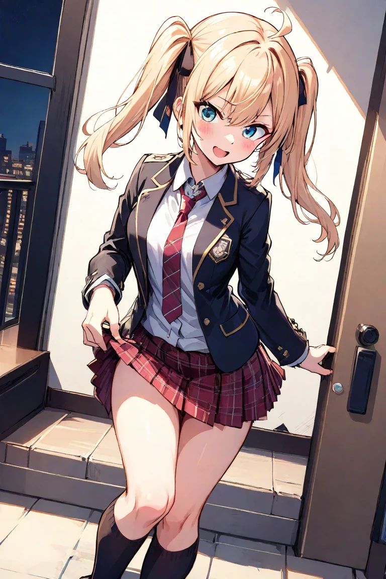 akizuki airi. oni chichi, masterpiece, highest quality, Very detailed, figure, Flat Color, Depth of written boundary, , , 1 girl, young, anime, Returning Home, full length, blonde, Twin tails, Looking at the audience, red pleated mini skirt, Wet white button-down shirt, , serafuku, Blue tie, black tights, See-through underwear,Small backpack, Fine leather texture, Detailed fabric texture, Beautifully detailed face, blue eyes, A light smile, Pink Panties