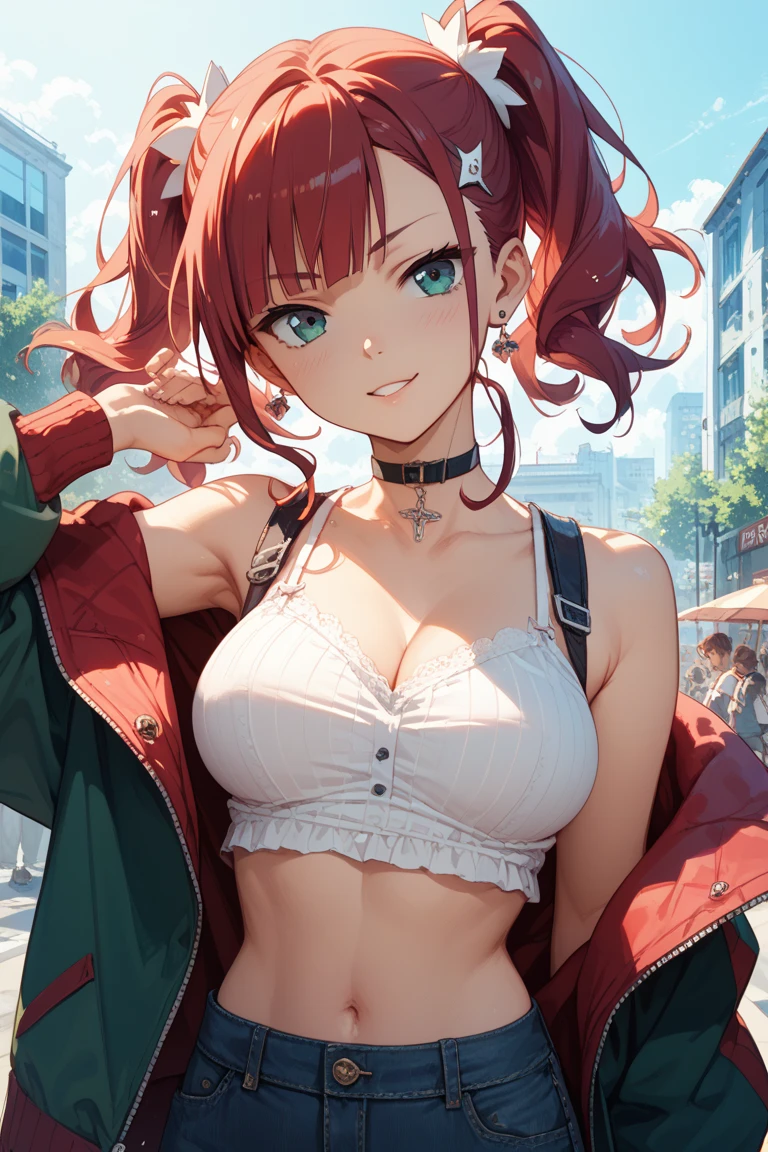 Young girl, long red hair, high ponytail, green eyes, smile, black leather jacket, pink tank top, tight leather skirt, open belly, smile, Masterpiece, best quality, Full HD, 8k, ultra details, great graphic
