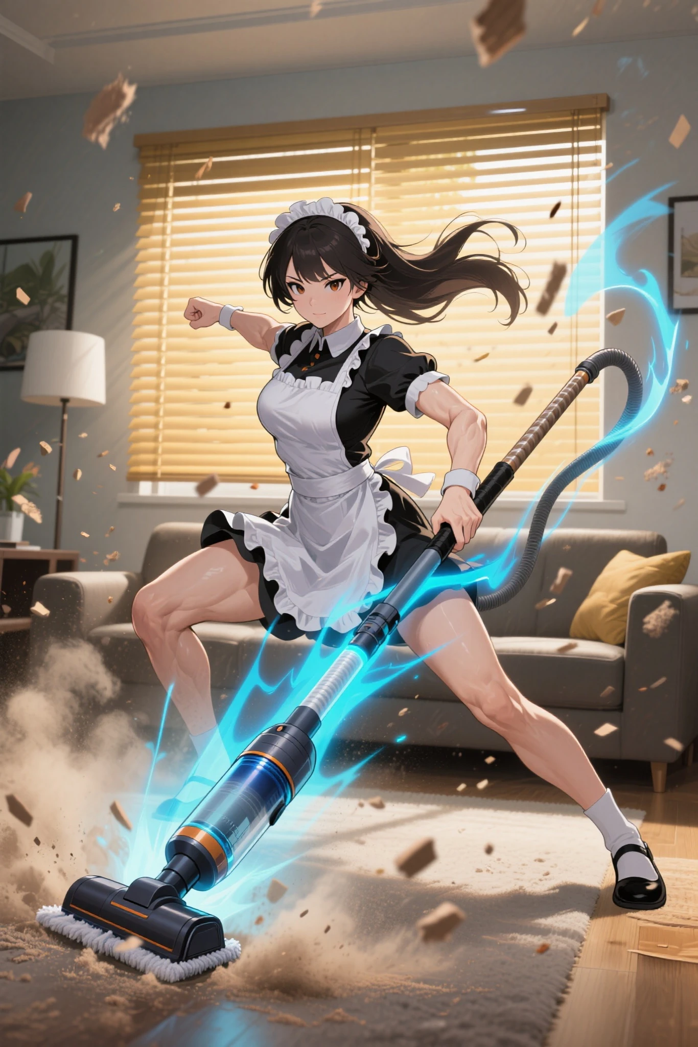 Masterpiece, Best Quality, perfect , perfect face, perfect composition, UHD, 4k, full body,                                                                                                                                                  maid girl with extremely cute and beautiful black hair ,   pturned eyes ,beautiful detailed eyes,finely detailed beautiful eyes ,big highlight on eyes ,slanted eyes , fat , lustrous skin ,bright skin ,skin tanned,shiny skin,very shiny skin,shiny body,plastic glitter skin,exaggerated shiny skin,illuminated skin,wet legs , spider lower abdomen,narrow waist,wide hip,athletic body,inflated legs,delicate detailed fingers,detailed body,human hands,  detailed face , cute,slutty,seductive,erotic,  , zettai ryouiki,  maid headdress ,maid uniform,Headdress, maid ,sleeveless,mini skirt,boots,cleavage cutout,bare legs,clothes with a lot of lace frills, wet clothes,detailed outfit,detailed clothes ,  dynamic pose ),solo focus,embarrassed,blush,sweat, tears,open mouth ,moist eyes, centered,scale to fit dimensions,Rule of thirds , cyberpunk city by the ocean at night, with bright neon signs and dark stormy clouds and puddles,
