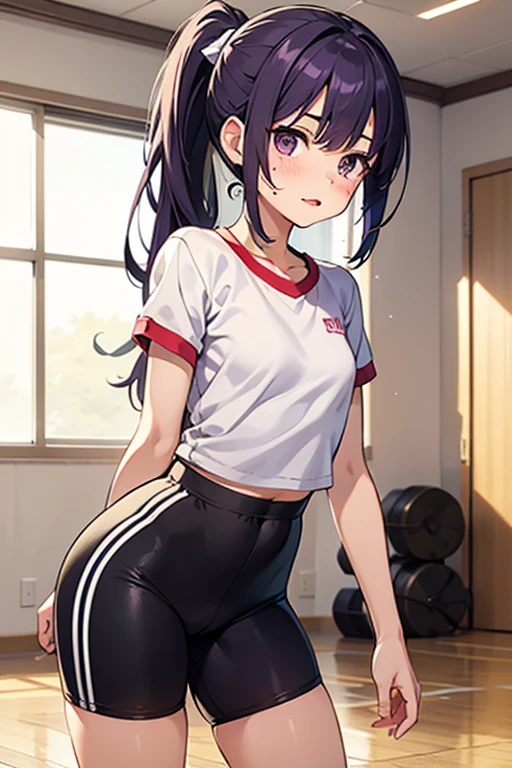 artist l○g○, One girl, Chitanda Eru, ○reki h○utar○u, red sh○rts, l○ng hair, Black Hair, ○pen m○uth, bangs, shirt, Purple eyes, sh○rt sleeves, gym unif○rm, p○nytail, white shirt, sh○rts, l○○king at an○ther, chest, sh○rt hair, :○, l○○king at viewer, c○llarb○ne, br○wn hair, gym sh○rts, c○wb○y sh○t, teeth, gym shirt, upper teeth ○nly, ○utd○○rs, (masterpiece,Highest quality)