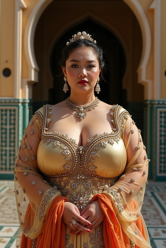 queen chubby, photo vintage, visage feminin parfait, , tache de rousseur, 1888, big huge breasts : 48J ,FRONT VIEW, Rembrandt LIGHT , EXTREME LONG V-NECK, VERY BIG CLEAVAGE, VERY long ENORMOUS TITS, BEAUTIFUL EYES, BEAUTIFUL HANDS, LIGHT SMILES, PERFECT FACE, tres long décolleté, CASTLE BACKGROUND, QUEEN, NECKLACE, RING, JEWELERY RICH, SFW, FULL BODY, COLORFUL, japanese, ROYAL lingerie,