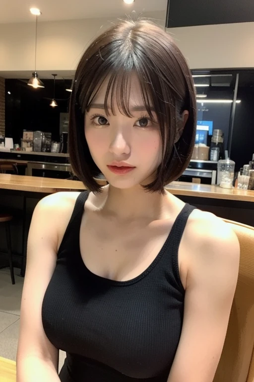 ((highest quality))、(masterpiece:1.4)、Raw photo、8K、((best image quality))、 ((highest resolution))、ultra fine photo、delicate face、Beautiful face in every detail、very detailed、(one woman:1.3)、realistic、(cute woman:1.3)、(short hair、disappoint one'bangs)、(Beautiful woman)、(small face:1.3)、((long neck))、necklace、bracelet、(big breasts:1.5)、((crowded train))、off shoulder shirt、Breast flick