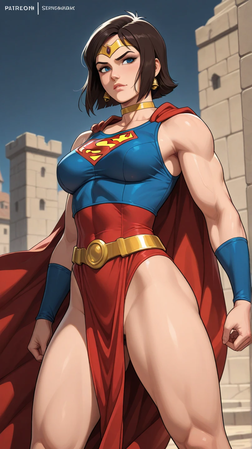 woman,30 age, Short hair details,seen from the front,(((Masterpiece artwork),(Very detailed 8k unified CG wallpaper),best qualityer,Lumiere,beautiful eyes,shiny pupils,黑The eye,Redlip(very delicate beautiful), Beautiful and detailed description of the eyes),ultra detali,Masterpiece artwork,)),A high resolution,ultra detali), Expose exposed breasts, convex,Raised sexy,blushed face, short black hair, bronze skin, large breasts, amber eyes, shirtless, pink nipples, bottomless, female warrior, scar left eye, red lips, half naked, red shoulder cape, steel plate gauntlets, stel plate boots, arm sleeves,