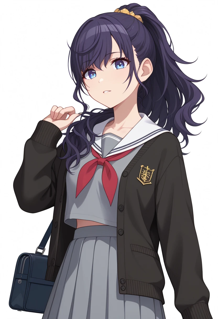 (masterpiece), best quality, expressive eyes, perfect face,red neckerchief, neckerchief, school uniform, sailor color, white background, parted lip, scran chie, grey Skirts, hair scran chie, white sailor color, Simple Background, Skirts, cardigan, bag, hair ornament, long sleeve, pleated Skirts, Open Clothes, ponytail, shirt, Serofu, black cardigan, upper body, grey shirt, open cardigan, school bag, Hand Up, shoulder bag, high ponytail, Midwinter,Asahina Mafuyu、black tights、