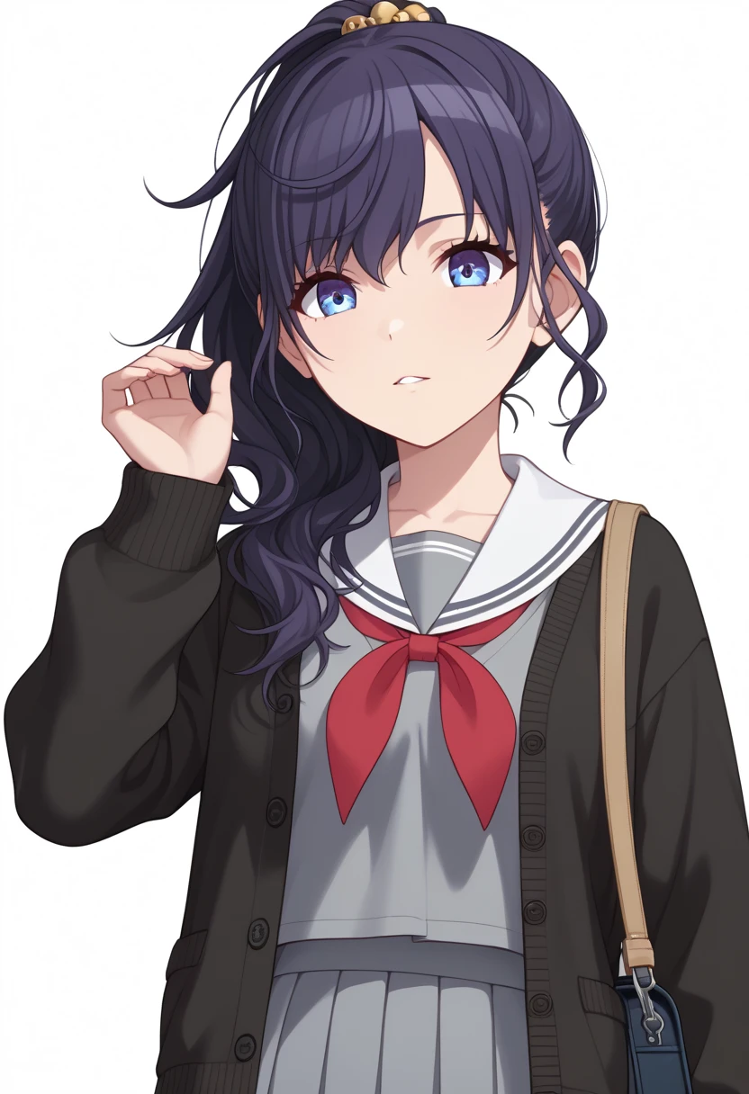 (masterpiece), best quality, expressive eyes, perfect face,red neckerchief, neckerchief, school uniform, sailor color, white background, parted lip, scran chie, grey Skirts, hair scran chie, white sailor color, Simple Background, Skirts, cardigan, bag, hair ornament, long sleeve, pleated Skirts, Open Clothes, ponytail, shirt, Serofu, black cardigan, upper body, grey shirt, open cardigan, school bag, Hand Up, shoulder bag, high ponytail, Midwinter,Asahina Mafuyu、black tights、