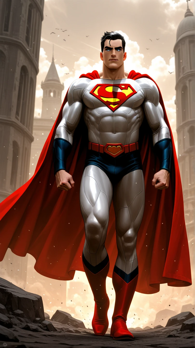 A young African American man who is a Marvel superhero, his suit is white with a red cape and mask