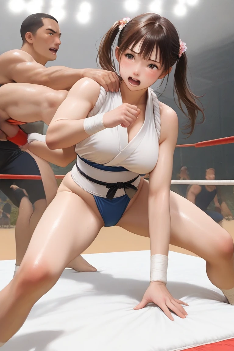 Miyako, abs:1.3, muscles:1.2, school gym, (exhausted and happy from fighting ten row and beating them all:0.9), MMA octagon, MMA gloves, (sweaty:1.1), slim yet fit, super sexy, ((nude))
