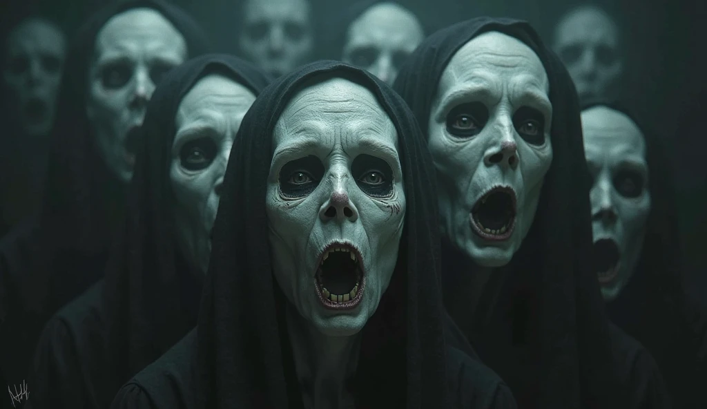 Zoom in on the faces of the crew, pale and lifeless, with haunting expressions.