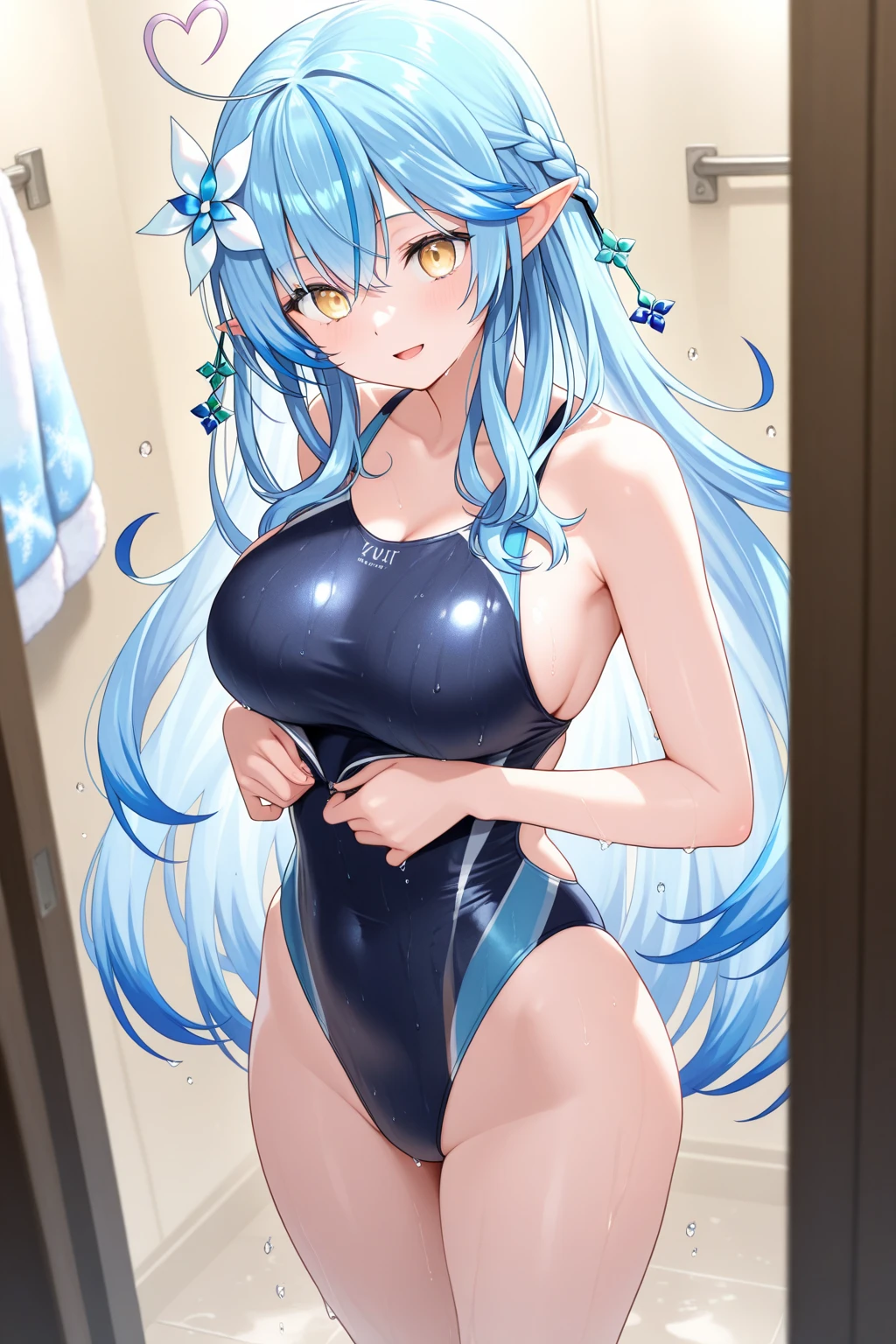 1girl, long hair, breasts, looking at viewer, blush, bangs, large breasts, simple background, hair ornament, white background, bare shoulders, medium breasts, blue hair, collarbone, swimsuit, yellow eyes, ass, thighs, cowboy shot, hairband, hand up, medium hair, wet, one-piece swimsuit, covered navel, multiple views, highleg, thigh gap, black hairband, competition swimsuit, black one-piece swimsuit, ass focus, highleg swimsuit, eula \(genshin impact\)