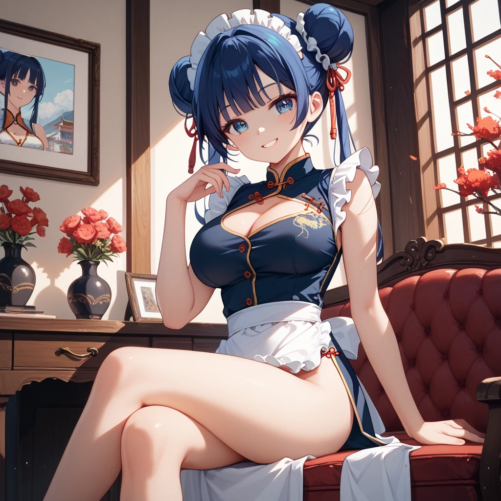 Remarkable，ceramic，cup，Blue and white porcelain，Set on a wooden tea table，A teacup，Beautiful woman in cheongsam holding a blue and white porcelain cup，drink tea