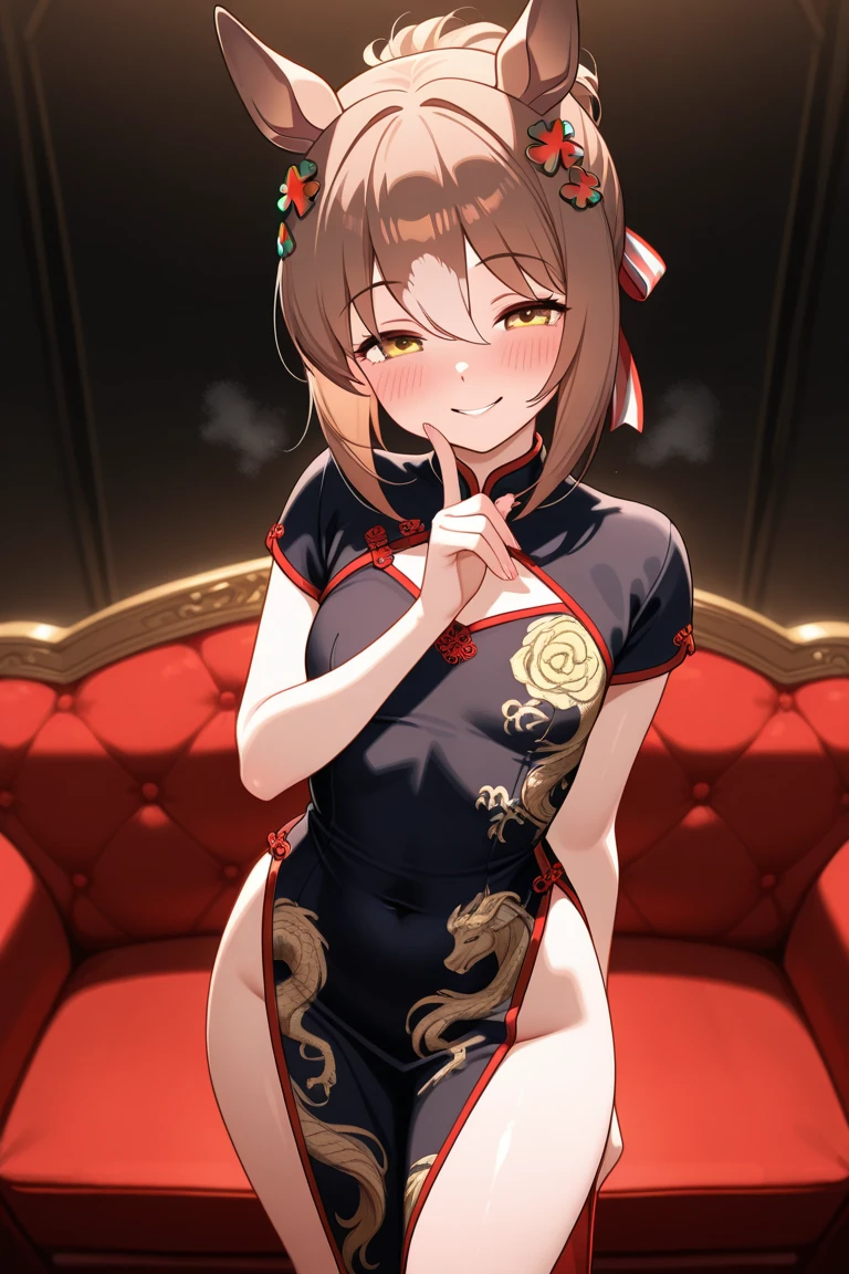 score_9, score_8_up, source_anime, solo, 1girl, dress, small breasts, young, aged down, ikuchan, black hair, black hair, oriental, Chinese dress, short dress, indoors, aftersex, cum drip, (impregnation risk), ovum, nice hips, pussy, ponytail, partially dressed, money,