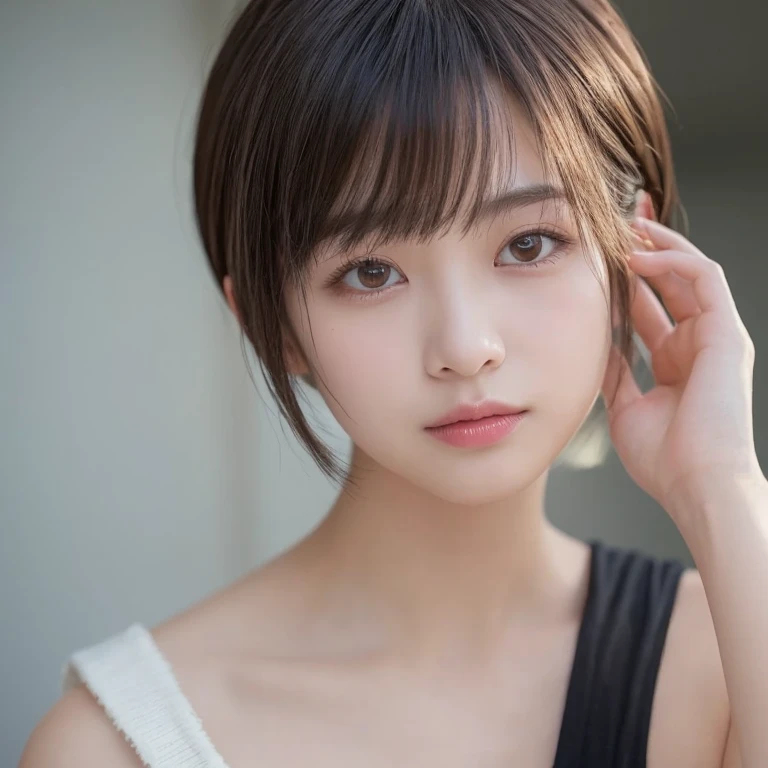 8k, Ultra-high resolution, Highest quality, masterpiece, 三分割法によるphotograph,Surreal, photograph, 1 Girl, (16 years old:1.3), pretty girl, Cute Face, Beautiful eyes in every detail, 細かくdetailedに,masterpiece,One Girl:1.2, Japan Female Announcer,extream close up,sad,streaming tears,Black short hair,Messy hair,(black suit:1.3),Nun's clothing,(印象派の美しい少女のPortraiture), (Gray background:1.3),(Impressionist light and colour),prayer,Realistic Skin, Perfect and beautiful face ,完璧でCute Face, Skin with attention to detail, Perfect limbs、Narrow waist,Looking at the audience、beauty,Long neck,clavicle,(((Ideal body type))),A cup small breasts :2,Portraiture:2,Perfect Anatomy,鮮明なdetailed,detailed,Surreal,Light and shadow,spotlight