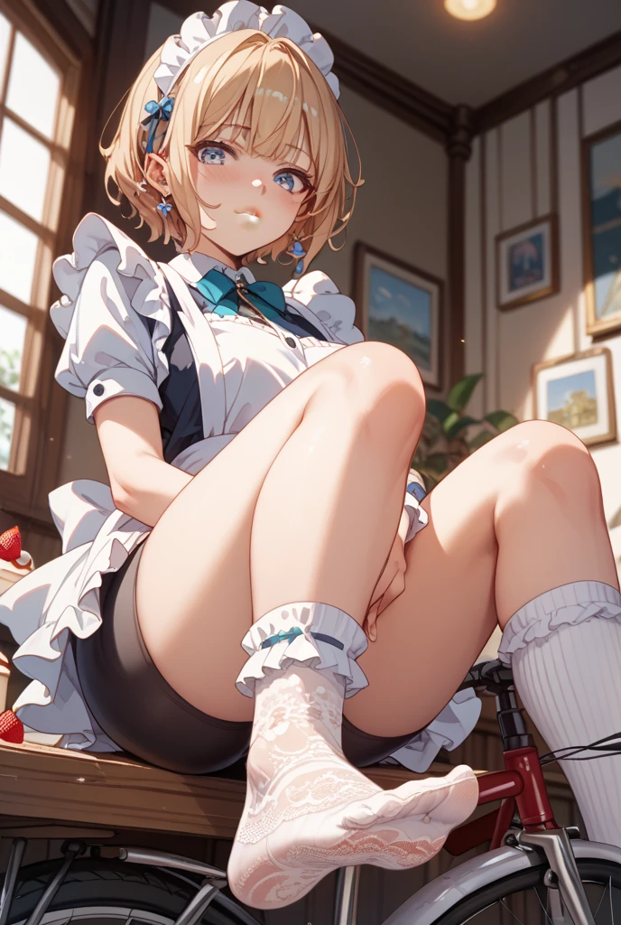 ((Highest quality)), ((masterpiece)), (detailed),1girl, 独奏, medium breasts, blush, aroused, embarrassed, clothed, Camisole, show off nipple, spread legs, pantyless, NSFW, sweat, rittle wet, blurry background,