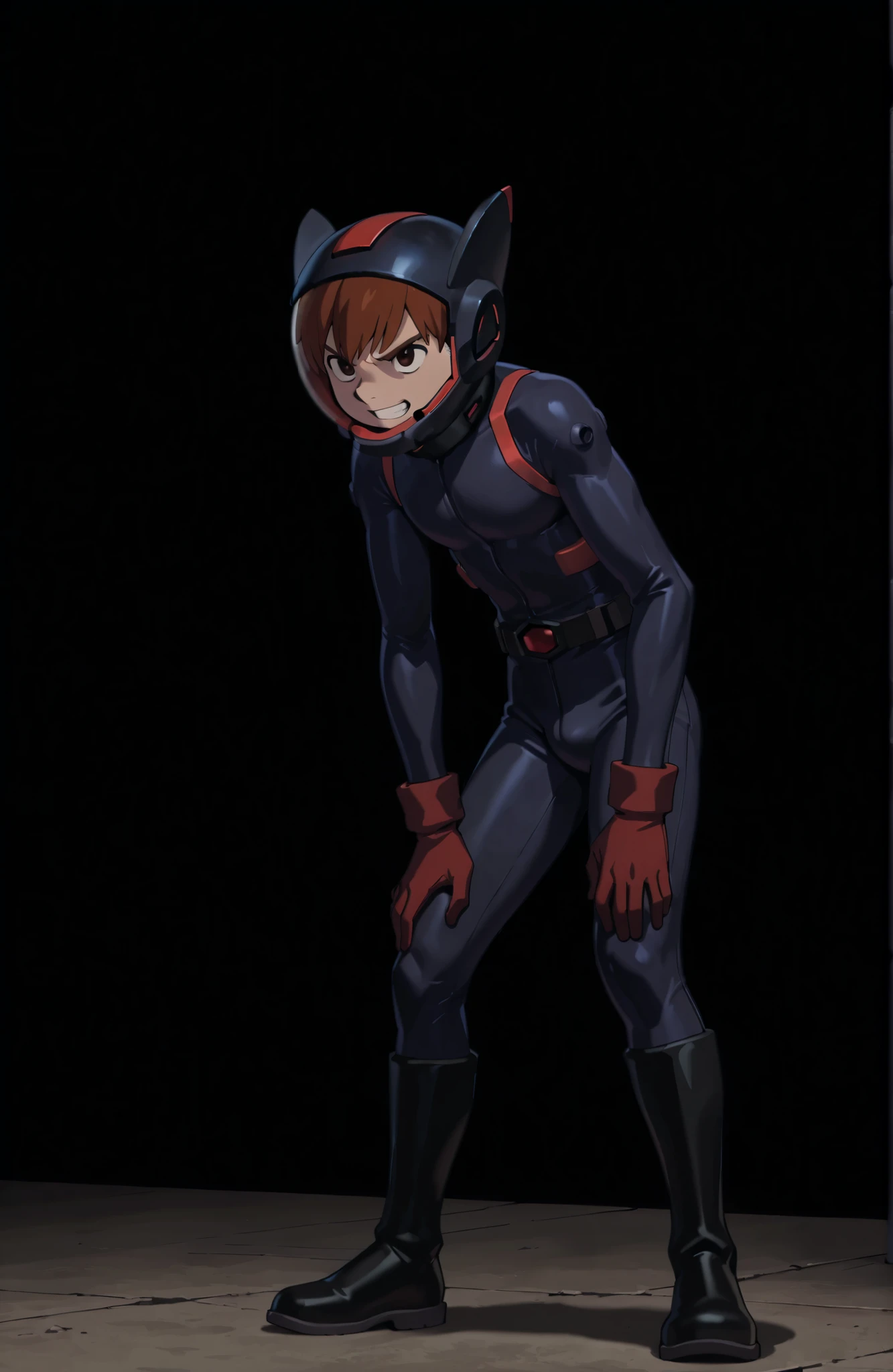 black and red accent hero masked men anime, solo, 1boy, single boy, short arms, short legs, standing, arms both down, black backround, 1boy, hush_middy, gloves, uniform, black and red accent body suit, male focus, mysterious grin, black and red accent leather suit, black eyes, black sclera, black and red accent hero mask, black helmet, black eva helmet, brown eyes, uniform, collar up, pilot suit, bodysuit, superhero, brown eyes, short hair, angry, cool, Chilchuck tims, dark hair, brown eyes, eva helmet, helmet, space helmet, (black and red accent helmet:1.4), male boy, tight helmet, ears covered up, green lines suit, black backround, eye visor, glass visor, black shoes, high detail face,