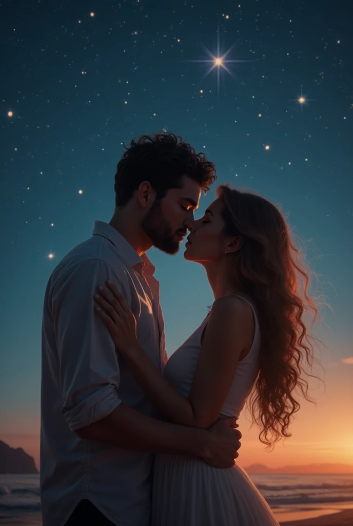 Romantic couple kissing in the wind,Boys and girls,glowing stars,Glow effects,Heart-shaped bubbles,the night,On a cruise ship,The face is clear and accurate,detail in face,super-fine,beachside,16K resolution,high qulity,电影灯光,High picture detail,dynamic viewing angle,Detailed pubic hair,Epic shooting,oc rendered