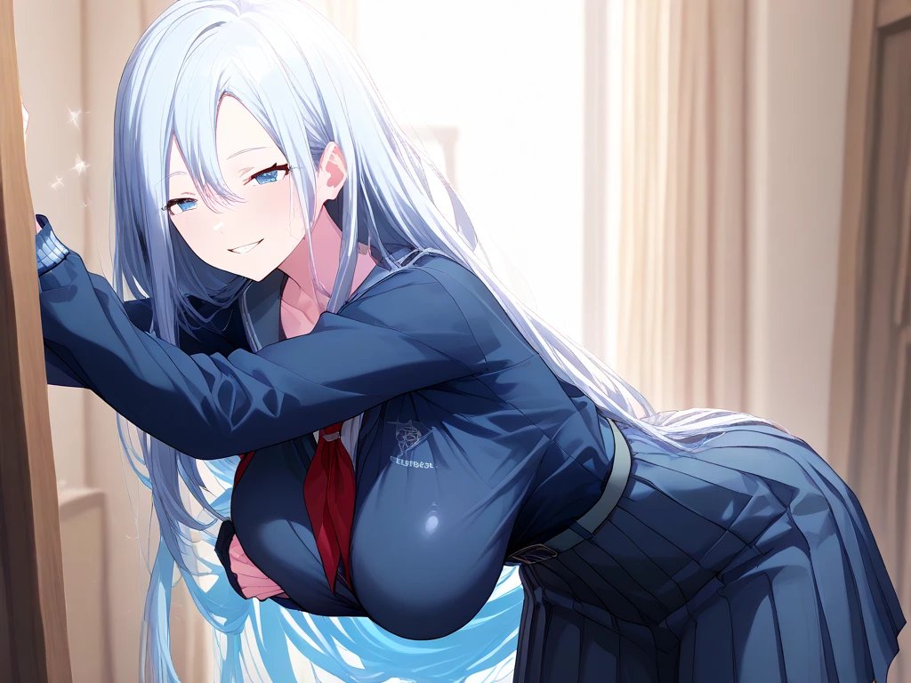 Highest quality, High resolution,8k、Beautiful Face、Perfect Face、naked、One person、((Looking back、Having sex lying on her stomach、Hands on thighs)),Boobs shaking violently up and down、A large amount of semen is applied、Cool look、blush(1.9)、Sweat(1.9)、steam、Golden Hair(Hair styled in a way that hangs down the back、Knot、Braiding), Round eyes、Blue eyes, Long Hair, Mole under eye, Huge breasts(0.9), bangs(), Cleavage, clavicle,Big Butt, indoor, Final fantasy(anime、rinia heartilly、Rinoa(Pulled up to her chest)、Silver hair band、Student uniforms(White dress shirt、Navy blue blazer、High Waist Skirt)、Exposing)、(Exposed nipples))、{An angle that focuses on the back and buttocks from directly above.} One person黒人男性,Big Penis,(A man is having sex in a sleeping position)