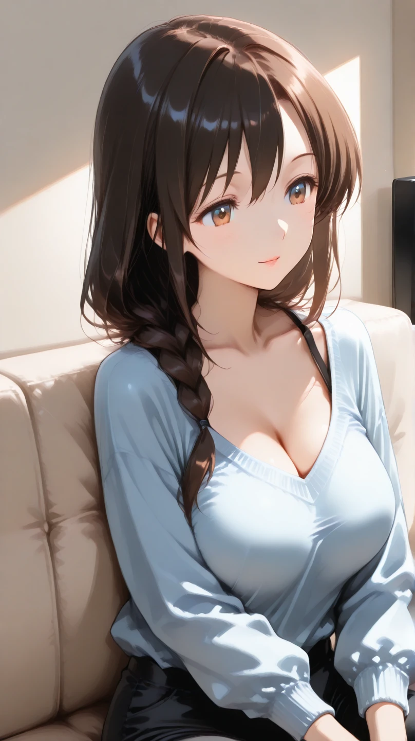 (From above,look up at the audience,Eyes focus:1.5),(Ideal body proportions:1.4),(highest quality、Attention to detail:1.1、Very attractive adult beauty、Add vibrant highlights to your eyes、Backwards、look back、A beautiful woman with adult charm、Perfect Anatomy、Silver Hair、Long Hair、Shiny Hair、Lip gloss),1 girl, alone, Realistic、Please tilt your head a little, short and Shiny Hair、 Knitted sweater、Stylish scarf,bangs、Big eyes、eyelash、Face is a little red、Embarrassing)、((sit,Hotel、On the bed))、Big eyes、Give students a very strong highlight、(Huge Breasts,Saggy breasts:1.5}、very large detailed breasts、Very beautiful beauty、Please lend me your ear、Long neck、wearing headphones、smile a little、Beautiful Teeth、Laughing with your mouth open、Heart shaped eyes))、(30 years old、very cute super model:1.2)、expensive、 (Put your arms behind your back:1.5),(Sculpture Pose、whole body:1.2)