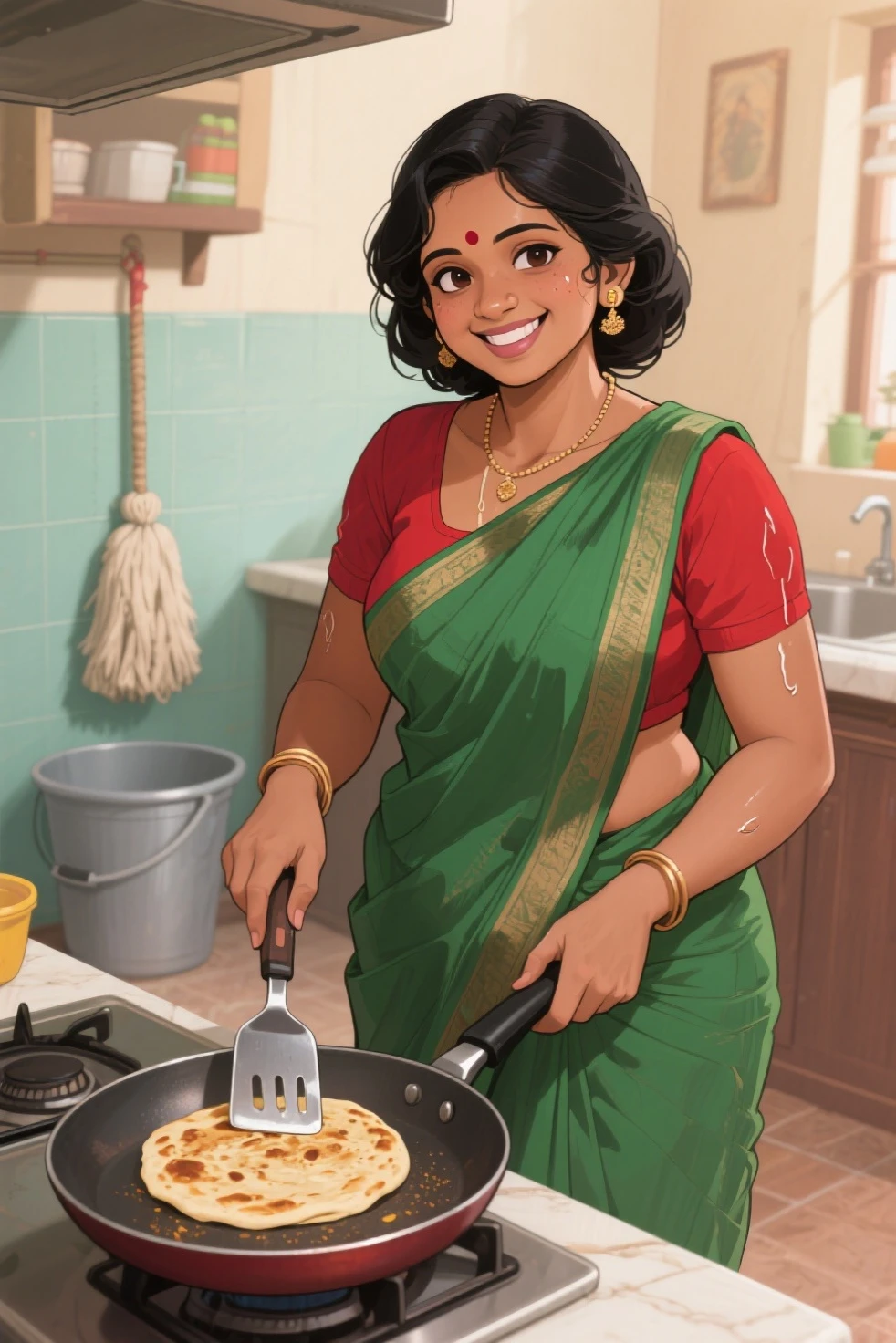Lakshmi a sri lankan women chubby and 3 she is wearing a Saree green and cotton blouse black colour she is working in his tea shop kitchen