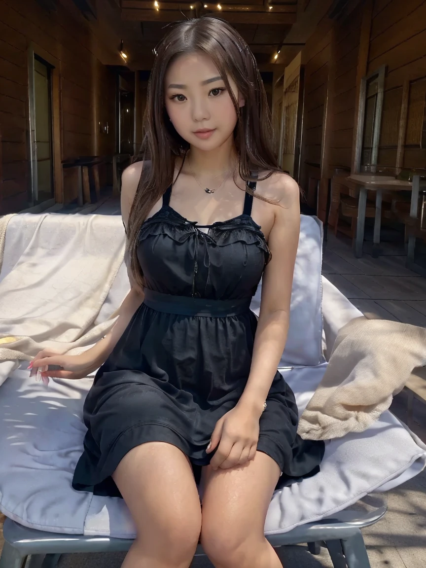 masterpiece, 1girl, 16 year old, beautiful bangs, full body image, wearing a Vintage Gothic high waist long skirt and heels, sitting on a sofa, in the living room, photo from phone, casual photo, beautiful eyes, beautiful facial structure, realistic, smiling, cute, Asian, 