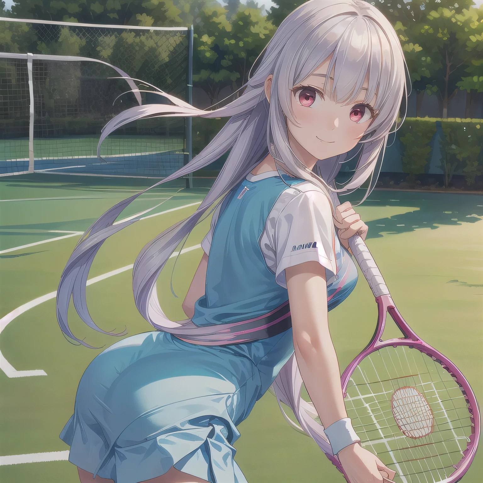 (8k, best quality, master piece: 1.2),super high resolution,1 girl, solo, colorshift eyes, hyperdetailed, expressive eyes, ultra-detailed face,A silver-haired girl is about to hit a smash on the tennis court. Sweat glistens on her forehead, and the moment she swings the racket is captured. She is wearing tennis clothes, a skirt, and tennis shoes. She is looking at the camera with an energetic expression.
