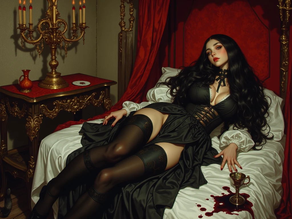A highly detailed enchanting nude art of a stunning female vampire , wearing a thick choker, with blood dripping on her, braided curly hair, wearing leather garter reclining on a regal velvet-covered couch, haunted castle.