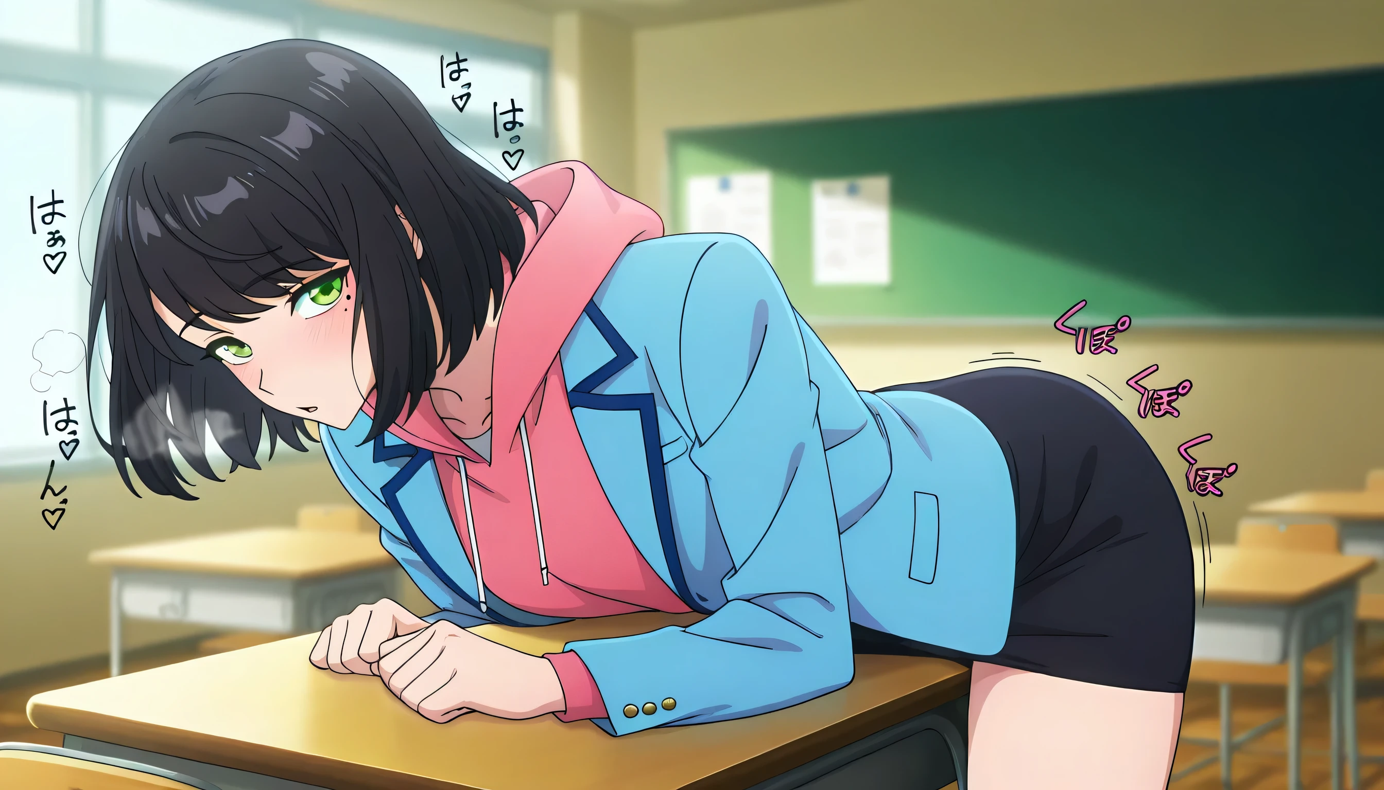 anime screencap, masterpiece, best quality,
1girl, standing, leaning forward, table humping, crotch rub, ecstasy,organism,rough breathing,heavy breathing,sound effects,masturbation,
medium hair, black hair, swept bangs, green eyes, mole under eye,
SongYiSchool, blazer, open jacket, blue jacket, pink hoodie, pencil skirt, black skirt,
sitting,cowgirl position , looking at the viewer,
indoors, classroom, blurry background