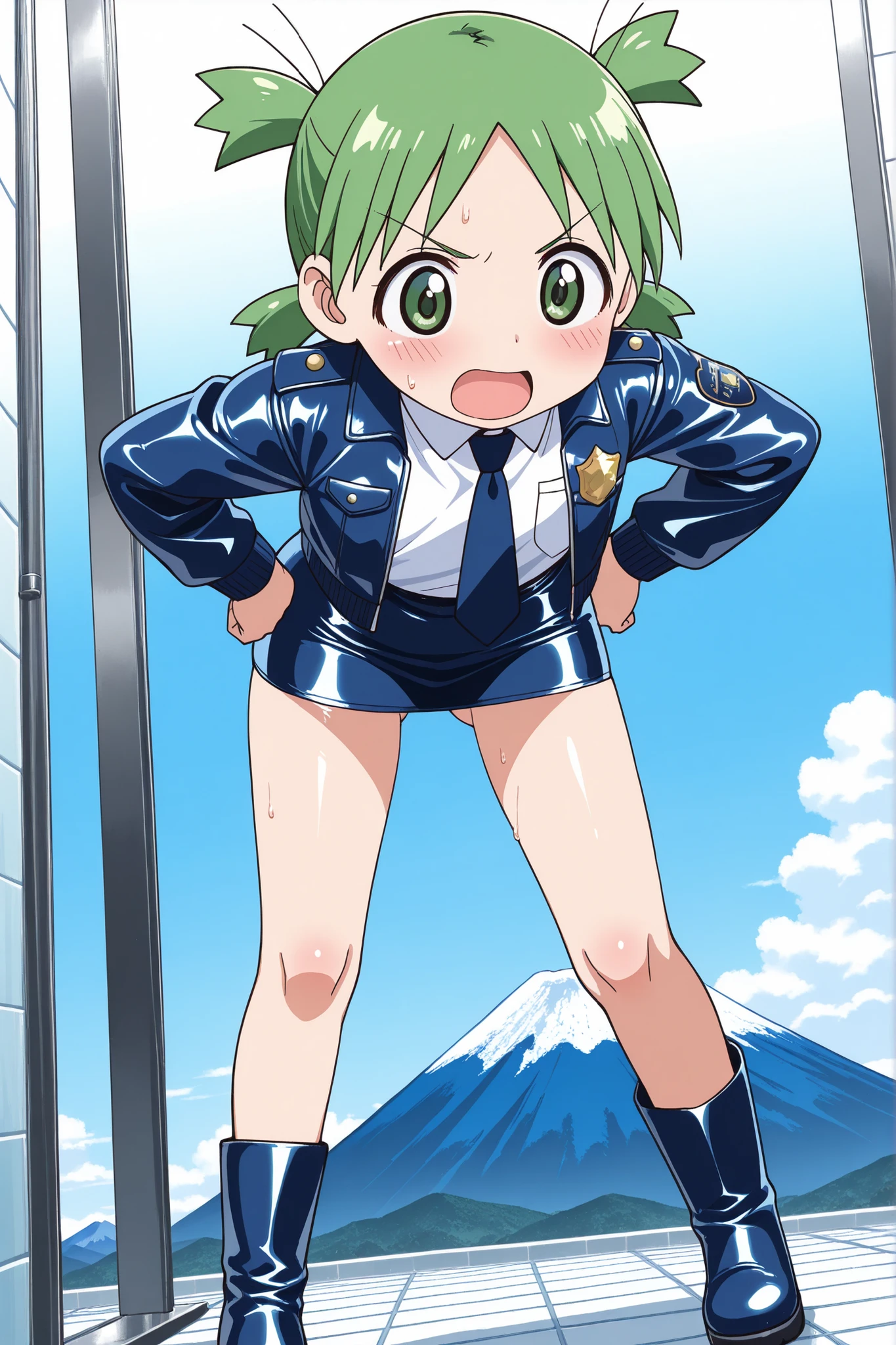 nsfw,sexy,(anime style),score_9, score_8_up, score_7_up,masterpiece, best quality,ultra detail,1girl,((((solo)))),solo,koiwai yotsuba,green quad tails,(green eyes),(On the tiles of a public bath) , (Mount Fuji depicted on the tiles in the background) ,,((white shirt)),((blue tie)),((Flat Chest)),(((knee))),(hands on own hip),((dramatic angle)),((leaning forward)),
,(((((MINI POLICE SKIRT))))),(blue leather jacket),(blue leather short boots),(blue jacket),((((shiny leather blue mini skirt)))),((blue mini skirt)),(ass visible through thighs),(((contrapposto))),((((A glimpse of her thin thighs)))),looking down,,open mouth,sweat,blush,v-shaped eyebrows,