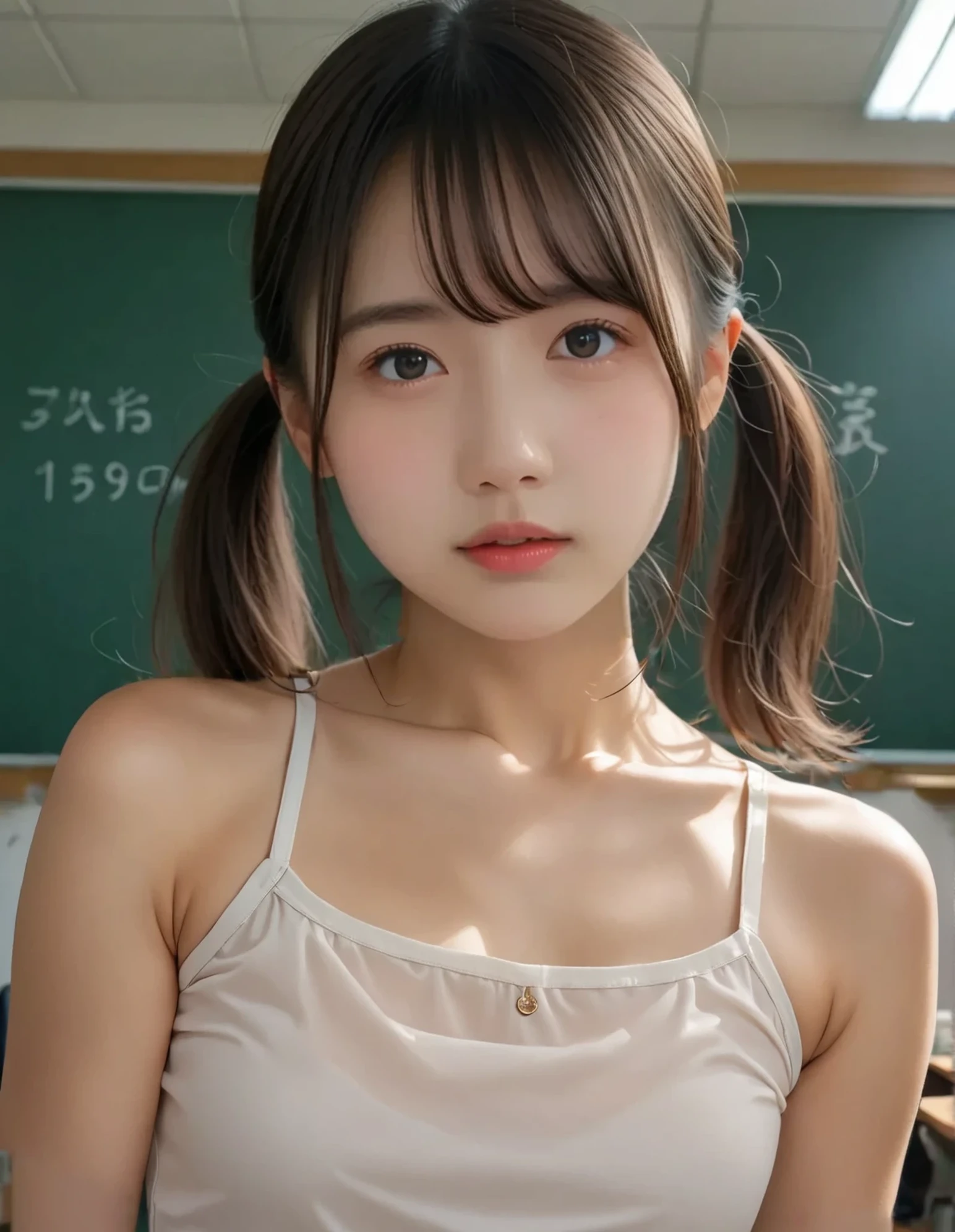 ((Highest quality)), ((masterpiece)), (detailed), (classroom), One girl, ((nipple)),sexy, 18 years old、Japanese、((flat chest:1.4)、可愛いJapanese、A bow tie、((nipple))、frilled panties、Perfect Face、(( pretty eyes)) 、Idol-like face、living、micro mini skirt、((glistening eyes )),((large eyes))、Japanese、Brown eyes
