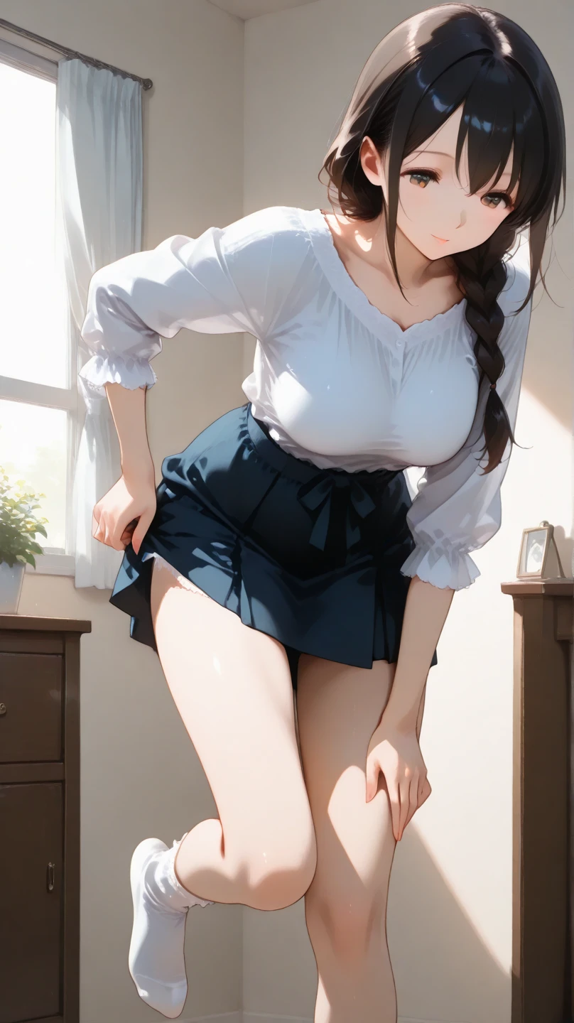 (masterpiece), Mature , sexy, After, Floral lace underwear, Natural light, realistic, camel toe, diffused light, Depth of bounds written, white skirt, vapor, (lift skirt),black underwear, (urination), lively