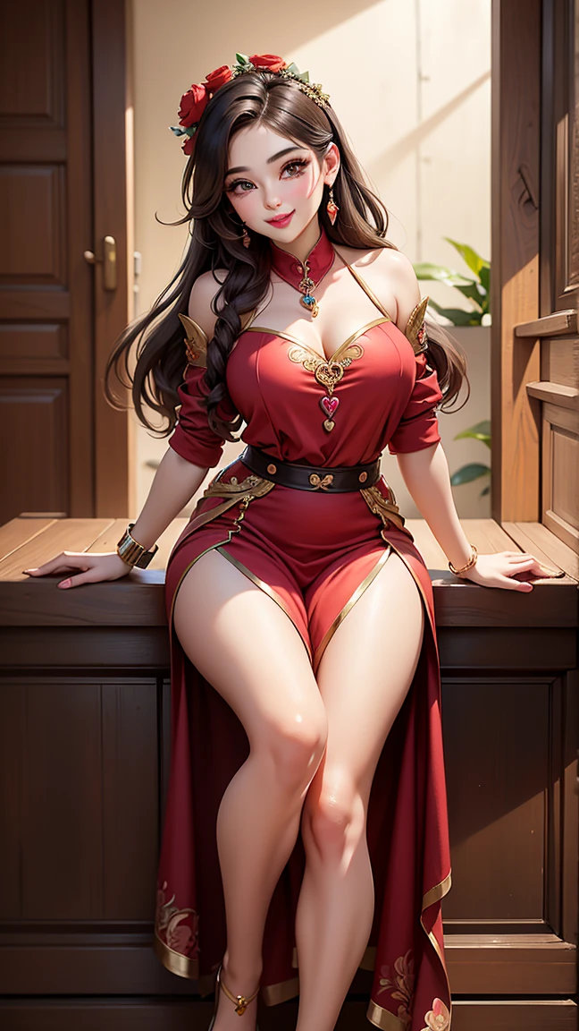 Facial lighting,Bright backlight,Medium chest,Ultra-high resolution,Highest quality,photograph,4K,(Realistic:1.2),NVDI,1 Girl,alone,Black Hair,(Red long skirt:1.1),Long Hair,Pearls and gems,Bare shoulders,Pelvic Curtain,Spread your legs wide,

