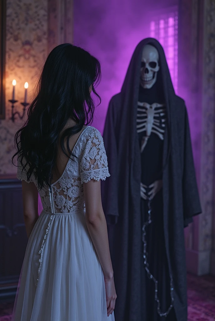 arafed woman in a white dress and a scary man in a black background, horror photo, scary picture, scary ghost, scaring, very scary photo, scary photo, haunted and sad expression, horror dramatic moment, horror image, scary pose, horror photography, haunted expression, haunted sad expression, scary, scary stories, horror movie scene, spiritual eerie creepy picture