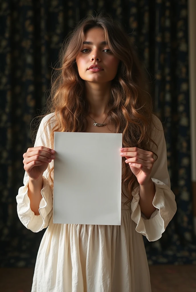 Create me a picture of a woman holding a blank paper in her hand.