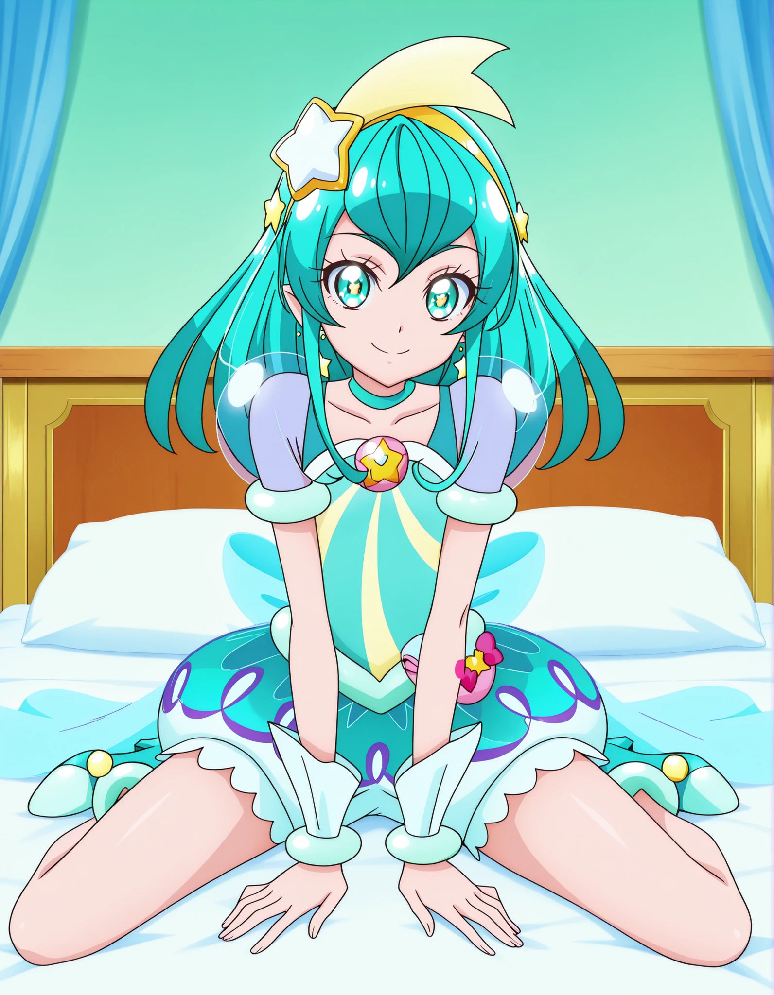 NSFW、Cure Milky,, shiny skin, anime screen cap, High Quality, solo,, in the room、on the bed, Put Your Hands Behind Your Head, ((contrapost)), staring at the viewer, Smile Yan、