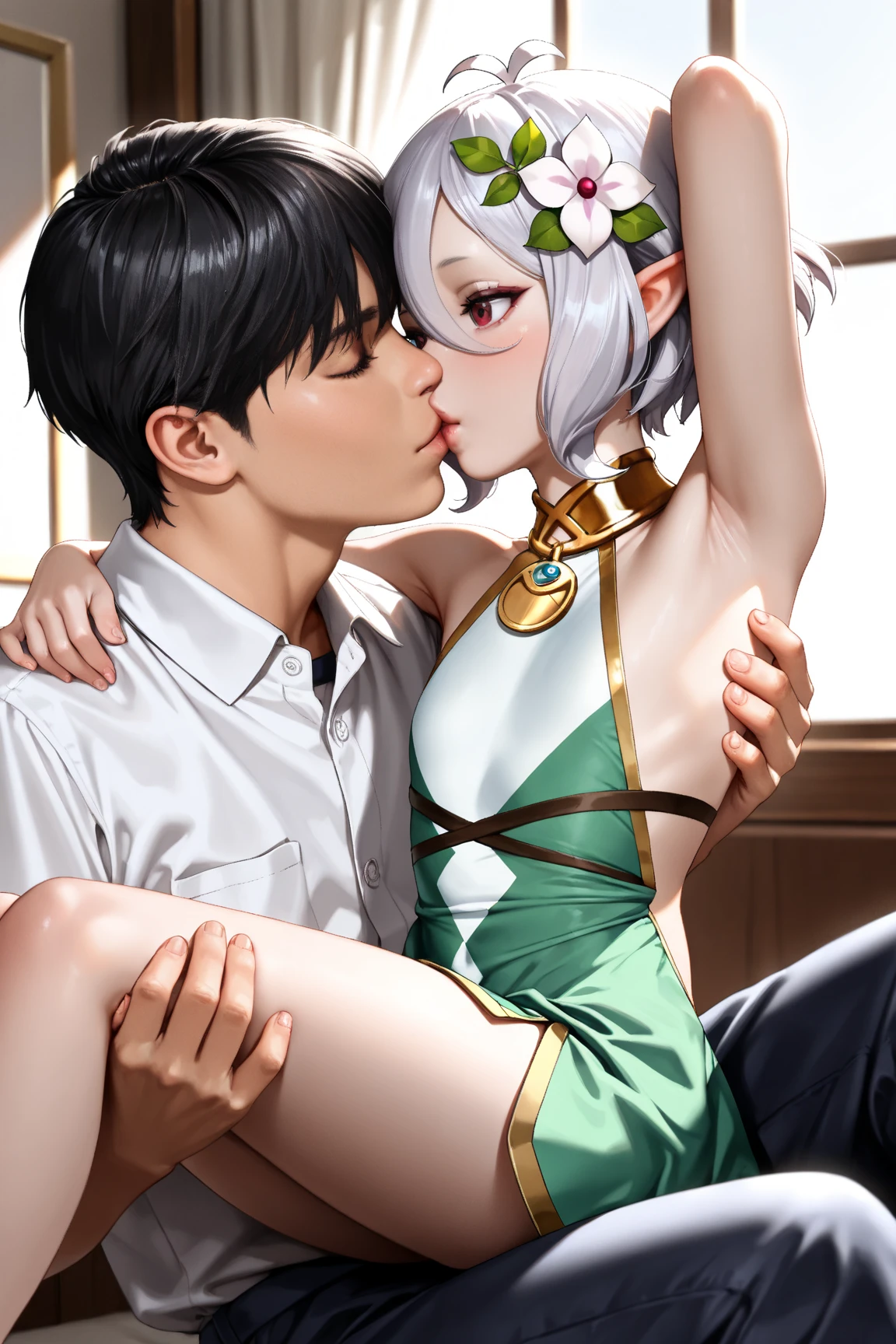 (Mother and little son:1.4), nsfw, Soft and dreamy light, Pale white light, Transparent, 1 female, ((Blonde:1.3), Pixie Cut, Fishtail, Her hair is tied with a red ribbon), Face in perfect detail, Perfectly detailed by hand, (Green Eyes), Parted bangs, (Large Breasts, cleavage:1.2), Charm,Beauty, Long eyelashes, masterpiece, Absurd, Highest quality ,Intricate details , (Shiny skin, Shiny body, Shiny Hair), Adult , Earrings, lift skirt, show off pussy, embarrassed, tomboy, blush, looking at view, troubled eyebrow, , (1boy, little boy, 8 years old, Black-haired boy:1.3), (Woman is wearing white shirt, pencil skirt:1.2), clothes lift, looking down, looking away, open mouth, (pussy juice:1.2), spoken heart, breast sucking, breast sucking, (a woman and a little-boy having  sex:1.2), missionary position, wet sweat, dripping, classroom, desk, show off pussy, fingering