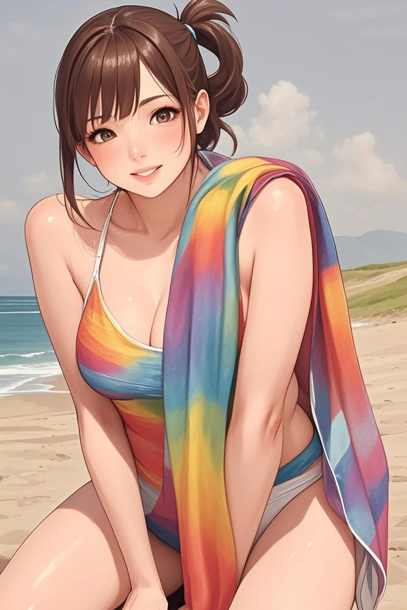 (mature female:1.4), short hair, pony tail, multiple hair clip, black hair color, black bikini, pink shawl flower motive, seductive smile, shy, freckles, blush face, blue sky, seashore, arms behind head, hair over one eye, dynamic lighting, high contrast, two tone lighting