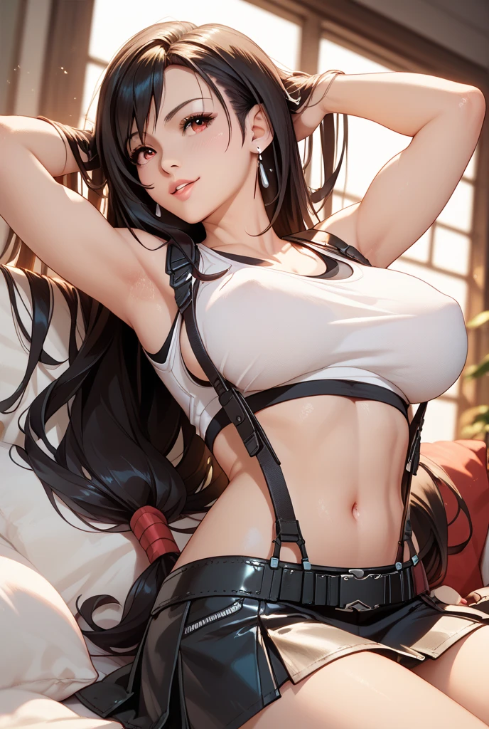 Anime Style、Final Fantasy VII, Tifa ,  Black Hair, White tank top、Red panties、cameltoe, Large Breasts, Cleavage、Natural smile、(underboob)、In a white-themed room、 squatting, spread legs、cowboy shot, from below, Highest quality, masterpiece, High resolution, 