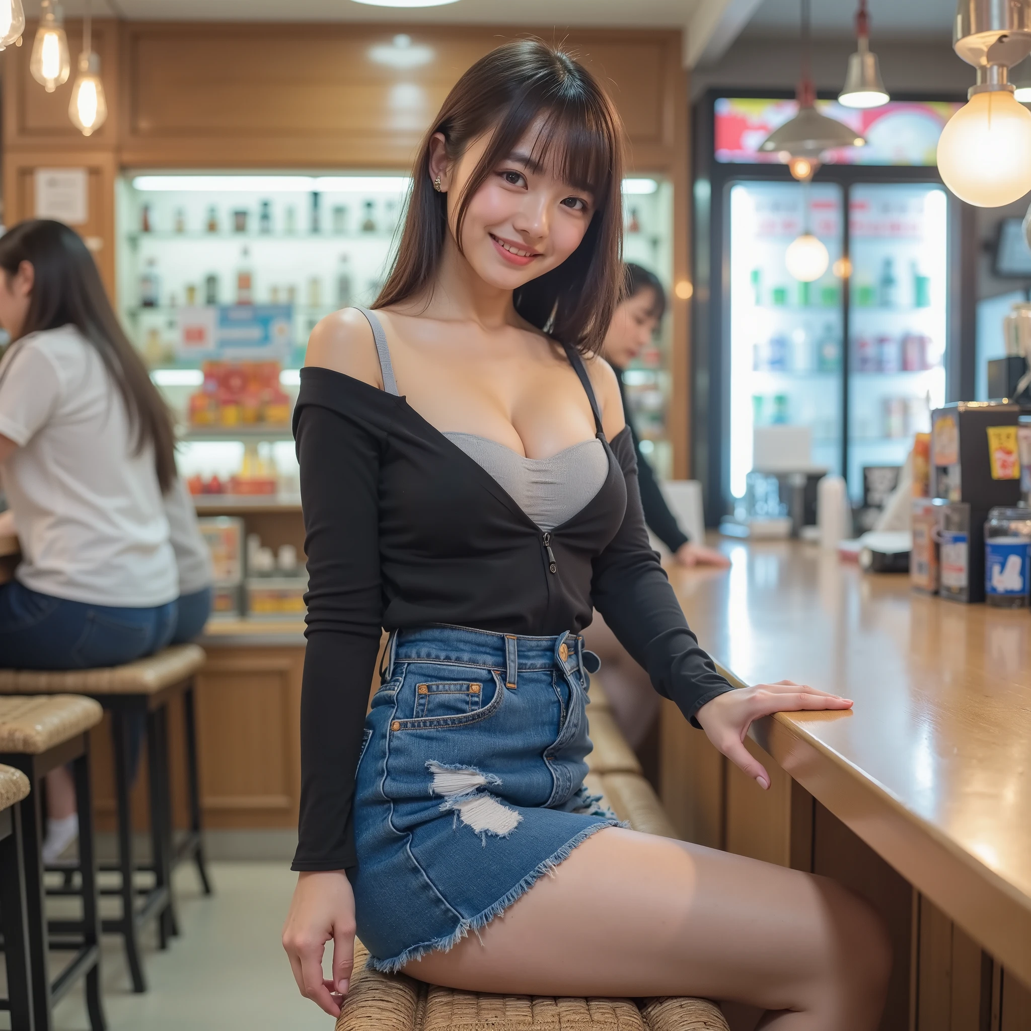 (Picture:1.3),portrait Picture,masterpiece, top quality, beautiful Japanese woman, nsfw, Picture realistic,Full Body Shot, shot from knee level ,sends enchanting winks to viewers, BREAK,
beautiful girl leaning forward,Sweet little sister ,ceiling light,(1 ,  slender body, flat chest, wide pelvis,  woman chained to the ceiling,    Toned Hands and Legs,off-shoulder),(  Japanese  ,  bright and playful expression ,  very big bust), (Long sleeve tight t-shirt ,deep v-neck,short t-shirt ,  Sleeves are black  , Body is gray  , blue denim tight mini skirt) , shopping at a convenience store ,Looking for a drink in a sitting position,bright lights lined up at the bar,black hair, ((Highlight Hair,honey brown streak hair )),  straight medium low ponytail with bangs ,(Young face, Cool Face, Saggy Eyes, Hazel Eyes, Happy Smile  ),   Converse sneakers, beautiful girl leaning forward, beautiful girl leaning forward,85mm,  公式AR RAWPicture ,(realistic,  Super Detailed ), best quality, Color Difference,anatomically accurate   ,     textured skin 、