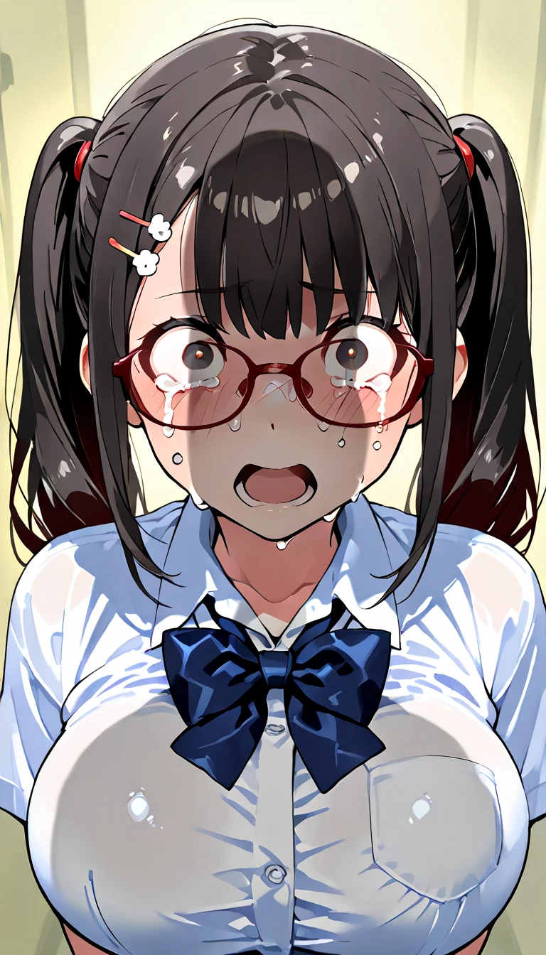 score_9,score_8_up,score_7_up,high resolution, 1 erotic college girl,black hair,glasses,twin tails,forehead,winter School uniform+cleavage,thick nipples,erection of nipple,collar,(multiple penis+ejaculation:1.5),(open mouth+out tongue:1.2),(excessive bukkake+excessive cum+cum in mouth+cum in hair+cum facial+cum on body:1.2),(ahegao+double peace:2),from above,upper body,looking at viewer,Restroom