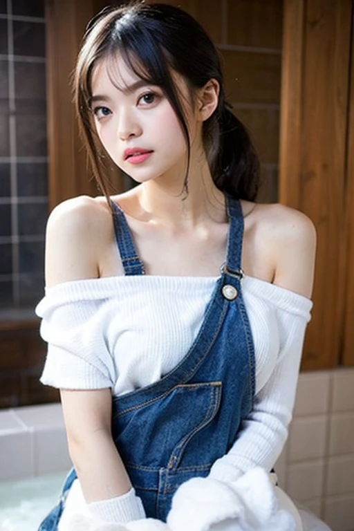 Gentle and charming Chinese beautiful woman, upper body photo, exquisite and sexy collarbone, charming oval face, double eyelids, smart peach blossom eyes, pink lips, small nose, bare shoulders, focused face, face close-up, ultra-high-definition, Super details, elegant standing, dark denim jacket, classic style, with shirt and plaid skirt, fresh and sweet