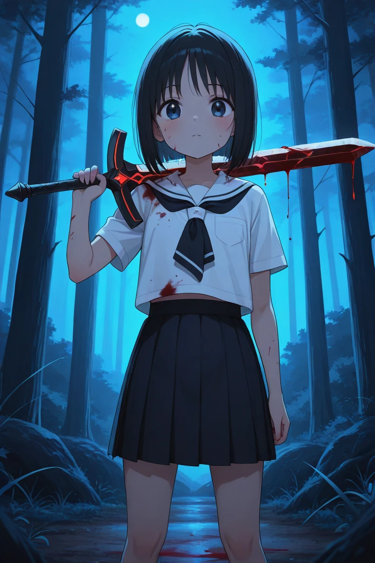 Little People Series, Yuki Osanai, Bob、Shortcuts, cropped black hair, bangs, Slanted Eyes、(Red gradient eyes:1.2), Expressionless、((Red cheeks))、Young、Short、(Trembling)、((Small breasts))、(avenger、murderer)、Holding the murder weapon, a kitchen knife、Bathing in blood、Bloody clothes、Blood dripping from the forehead、(No underwear)、
break , Open the chest、 Visible valley, Blood-stained body and face、Blood-stained white sailor suit,Date in town、Night Sky、Starry Sky、
break、Walk around town、beckoning、Raise your arms、Wide-open sailor suit、Hair fluttering violently in the wind、
 masterpiece, Highest quality, High resolution, unity 8k wallpaper, (Beautiful attention to detail:1.6), Highly detailed face, Perfect lighting, Highly detailed CG, (Perfect hands, Perfect Anatomy),Full body portrait、