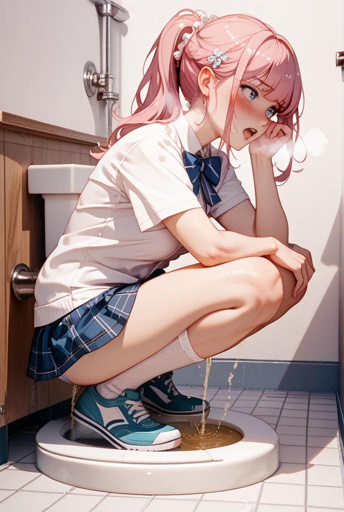 (masterpiece, highest quality), Intricate details, One girl, Squat, Embarrassing, anger, Glare, Blushing,incontinence,Thin yellow liquid spurting out from under her legs,A thin yellow puddle at my feet,In the grass,Black stains on underwear,Urinating,Wearing shoes,Alley,Peeing,Thin yellow liquid dripping from underwear,Pants half removed