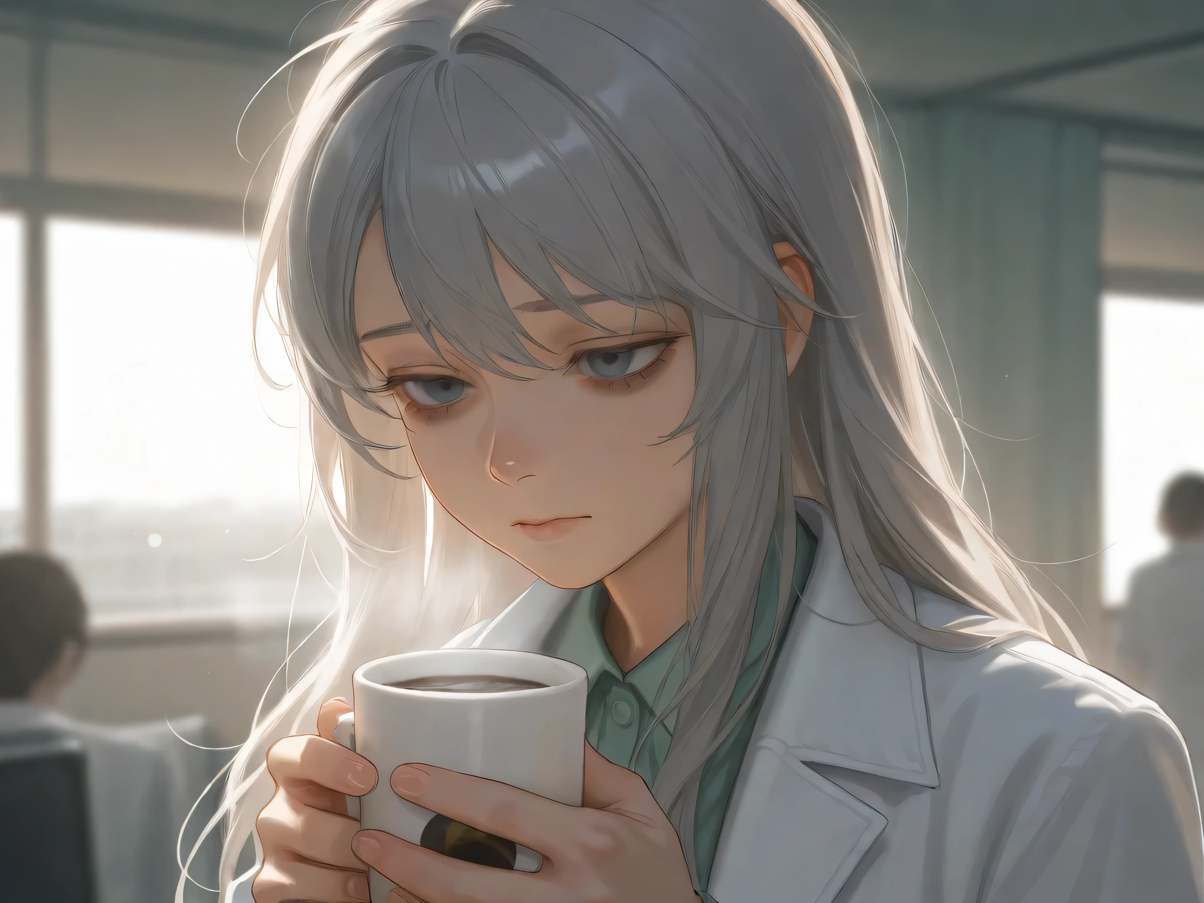 High Quality,4K,8K,Extremely Fine,real,looks like the picture,HDR,UHD,extra fine painting,is in focus,Physically Based Rendering,extreme detail,professional,vivid colors,bokeh effect,womanhood,gray hair,long hair,Zitoida,dark circles under eyes,I'm wearing a white coat,Hospital, holding hot coffee ,quiet,Sadness,Depressing,Emotional,melancholic,calmed down,Elegant,Portrait,Realistic,medical care,medical care現場