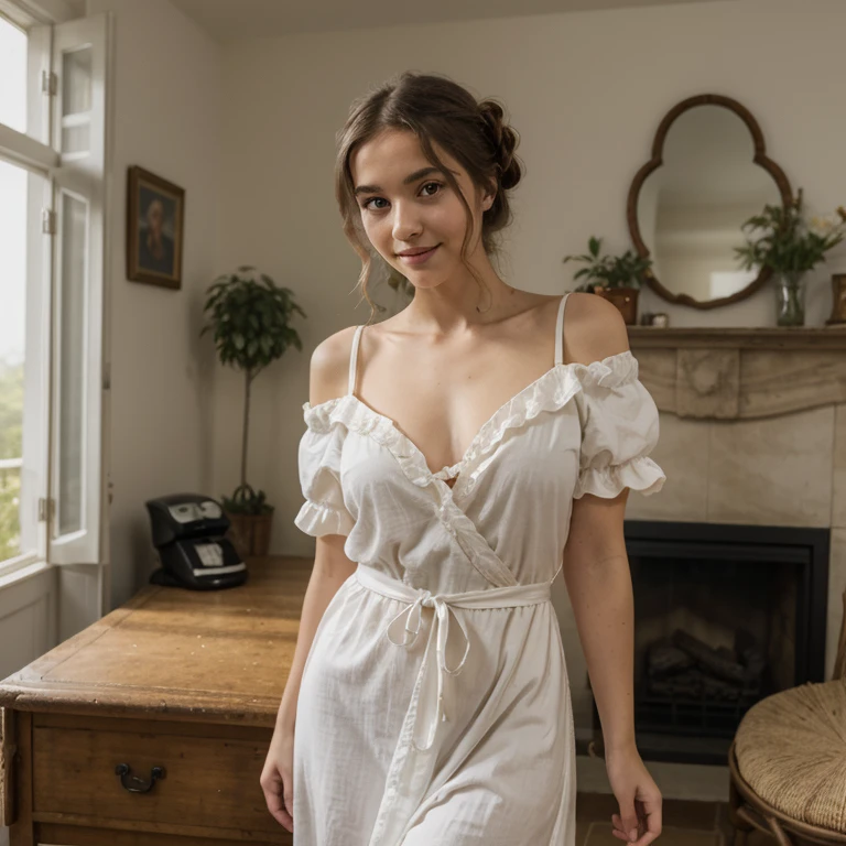 8k, masterpiece, best quality, realistic, highly detailed, full image, 1female, solo, dnd, d&d, dungeons and dragons, dungeons & dragons, rpg, bard, 20 year old girl, very beautiful smiling girl, blond hair, blue eyes, wearing a chaste, long white cotton nightgown, sitting on a bed in a room of a medieval inn, preparing to go to sleep.