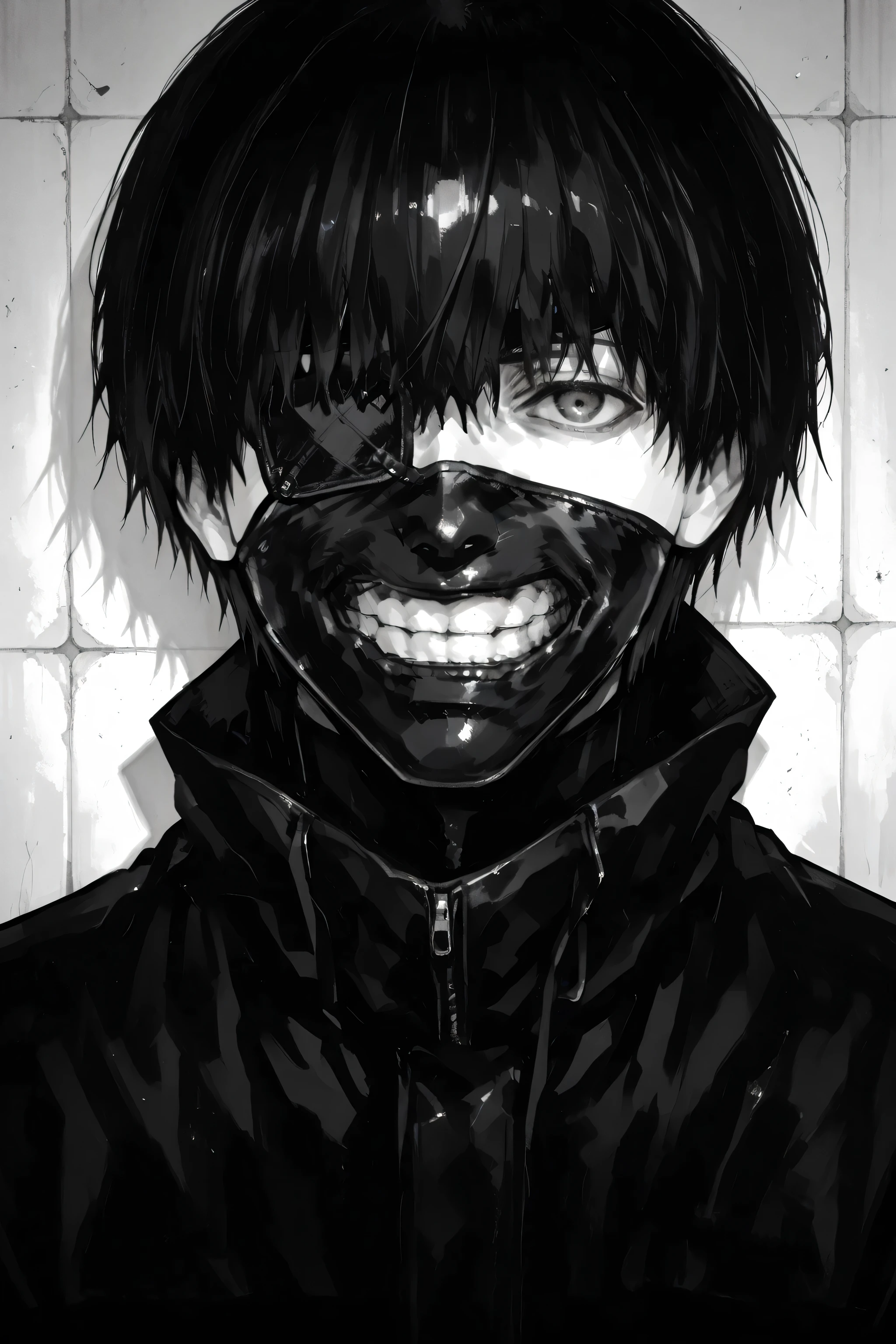 score_9, score_8_up, score_7_up, score_6_up, score_5_up, score_4_up, ken_kaneki, black hair, short hair, bangs, eyepatch, mask, mouth mask, teeth, 1boy, sui_Ishida_style, monochrome, greyscale, solo, alone, standing, looking at the viewer, masterpiece, highres, colors