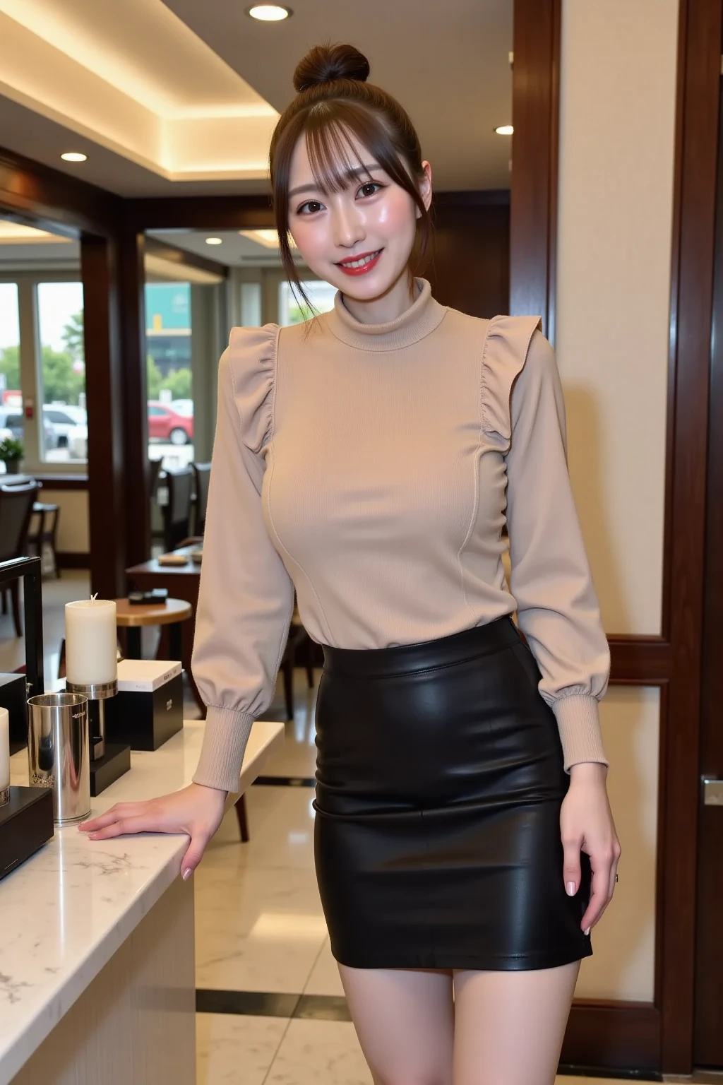 8K, RAW Photos, Highest quality, masterpiece, Realistic, Realistic, (1. The ultimate beauty), middle aged, Highly detailed face, Fine grain, double eyelid, eyelash, Grin, Beautiful Teeth, Lip details, Brunette Bob, (Blue Turtleneck Sweater), ((Brown mini skirt)), Cowboy Shot, Ginza Street in Tokyo, Cityscape, Soft Light, ((Written boundary depth))