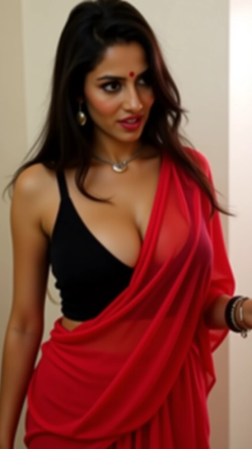 A close picture of standing Indian, winding, hourglass figure, very large swoop breasts, no bra, pierced nipples, visible nipples, bend down and hanging breasts, Shows deep cleavage, Kneeling in ceremonies, French braid hair, necklace, Sexy maroon saree and not wearing bra, visible nipples, Sultry, Alluring eyes, Look at the viewer and smile, (Cinematic:1.3), Complex details, (ArtStation:1.2