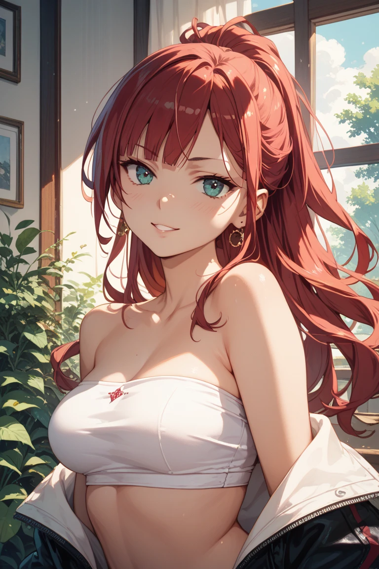 (Masterpiece, Best Quality, High Quality), volumetric lighting, illustration, beautiful, perfect lighting, perfect shadows,Nishikino maki ,face focus,only face, solo, purple eyes ,red hair , white top,halter neck,tiara, (moist skin:1.1), (shiny skin:1.2),garden, blue sky