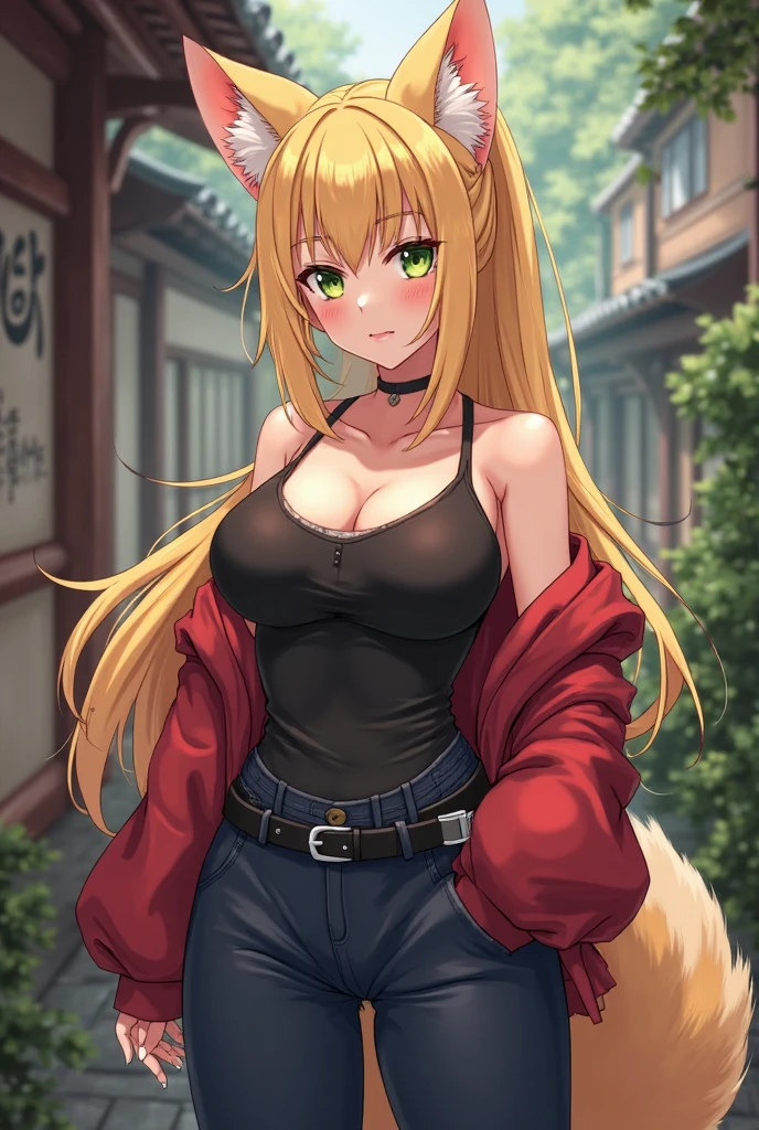 ((best quality)), ((masterpiece)), (detailed), perfect face,castle background,ring,earrings,pearl necklace,fox girl,8k quality,sharpen,sexy,full body,perfect eyes,big boobs,bracelet,smile,choker,long curly blonde hair,japanese school uniform